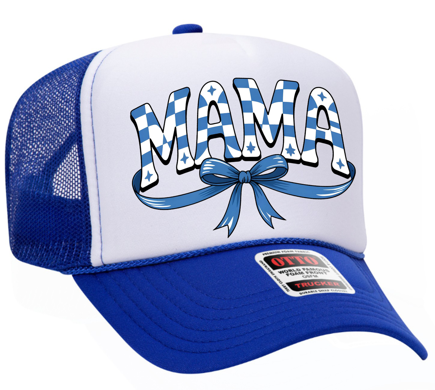 Mama Blue Checkered Bow Adult Otto Foam Trucker Hat Truck You Hat Co.